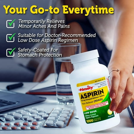 Timely - Low Dose Aspirin 81mg - 1000 Count - Compared to Bayer Low Dose - Safety Coated Tablets