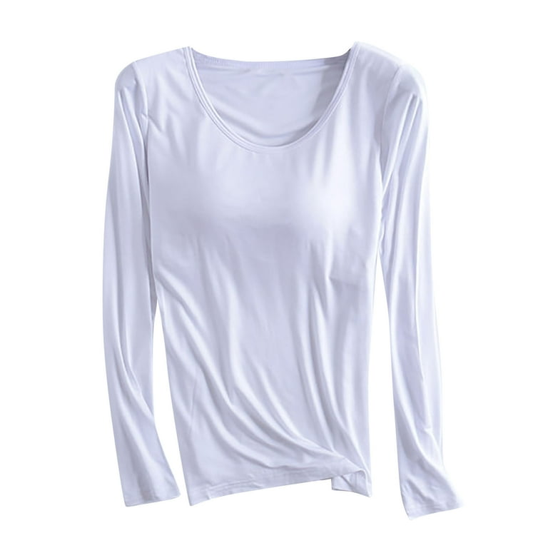 Wyongtao Womens Long Sleeve T-Shirt with Built in Padded Bra, Regular Fit  Built in Shelf Bra Solid Tops White XL 