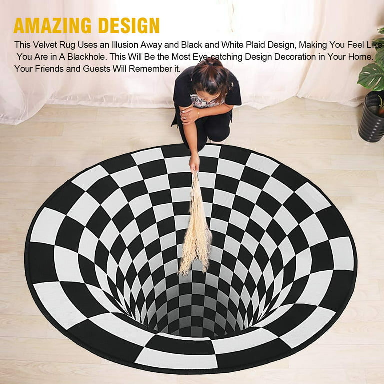 TSV Rug, 31.5 3D Vortex Illusion Black and White Round Area Rug Floor Mat,  Abstract Anti-Skid Non-Woven Bottomless Hole Optical Illusion Rug 