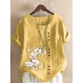 thumbnail image 3 of Camiseta de lino y algodón para mujer, Top elegante y cómodo con una hilera de botones, decoración de empalme, camisetas informales con estampado de flores para mujer 2024, 3 of 4