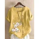 thumbnail image 3 of Camiseta de lino y algodón para mujer, Top elegante y cómodo con una hilera de botones, decoración de empalme, camisetas informales con estampado de flores para mujer 2024, 3 of 4