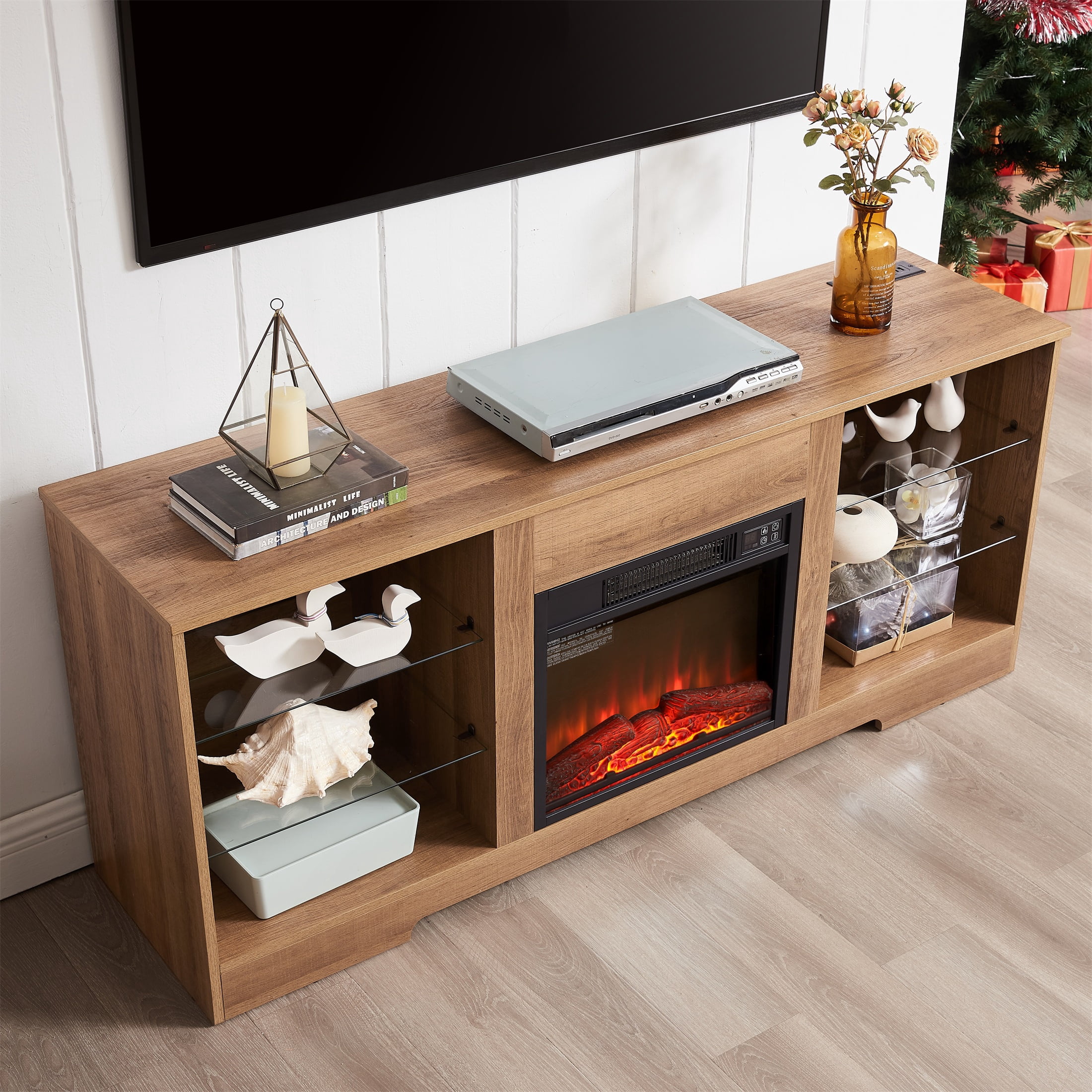 SESSLIFE Fireplace TV Stand, 58" LED Light Entertainment Center with Adjustable Flame Fireplace, Power Outlets & Shelves, Remote & App Control, TV Stand with Fireplace for Living Room, Oak