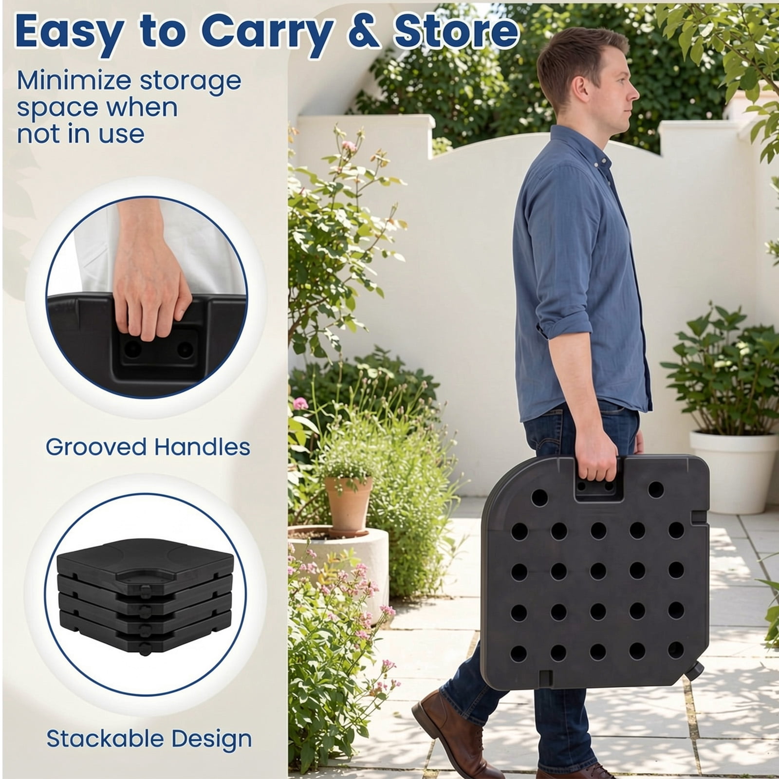 Biotree 4-Piece Offset Umbrella Base 164 lbs Capacity Heavy-Duty Square HDPE Fillable Plates with U-Locking Pins - Black