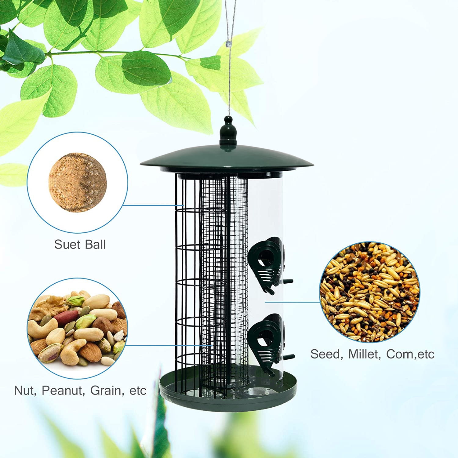 Centurion 3-in-1 Metal Hanging Wild Bird Feeder Outdoor w/3 Feeding Ports & Perches Multi-Colored