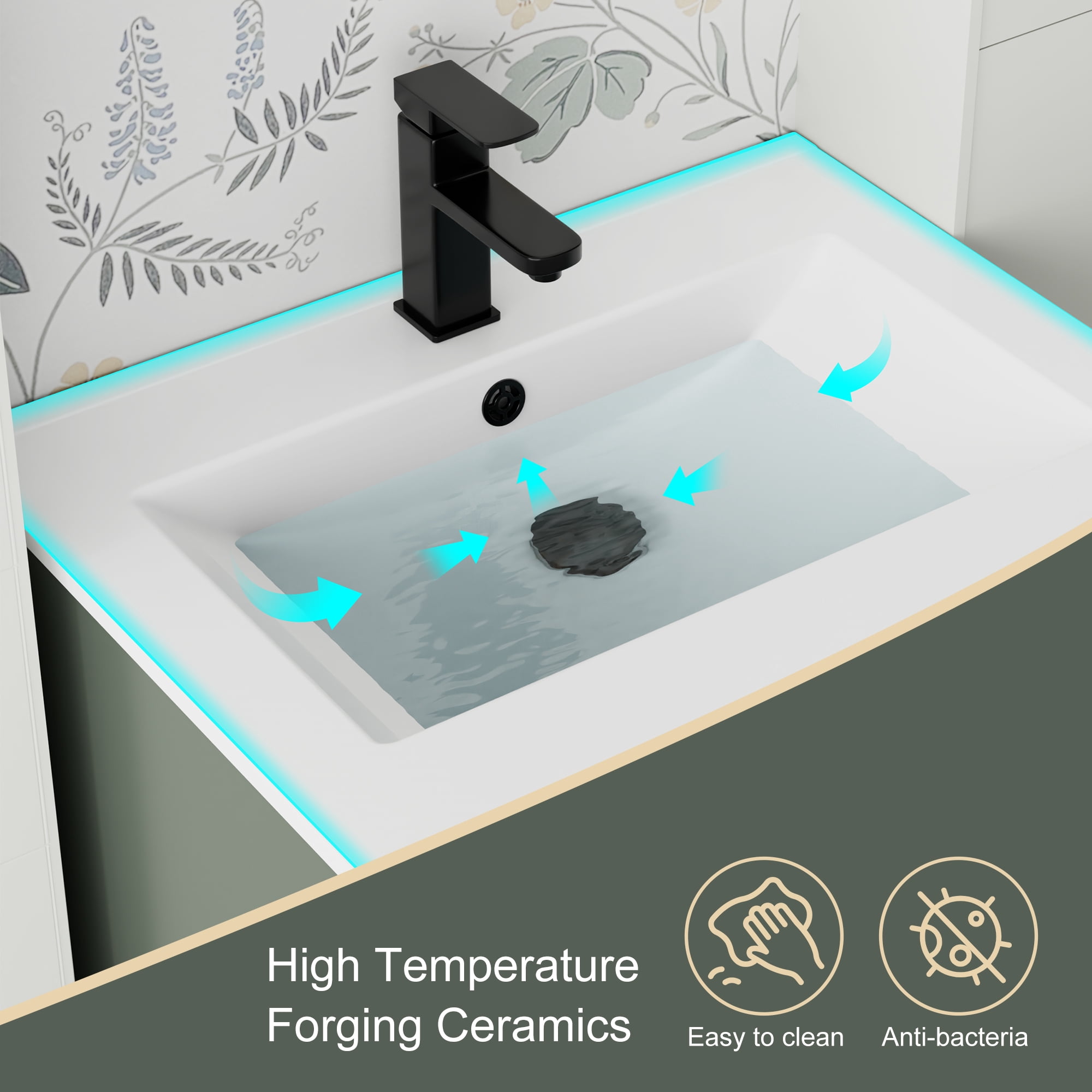 24" Mid Century Modern Single Bathroom Vanity with Ceramic Sink Top, Zinc Alloy Faucet, Painted Surface