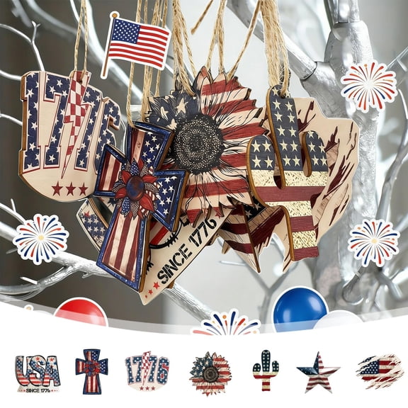 Independence Day Wooden Ornament, 7-Pack Patriotic Hanging Decor Set, Wooden Festival Pendant, Decorative Supply for Home Party Holiday Decor