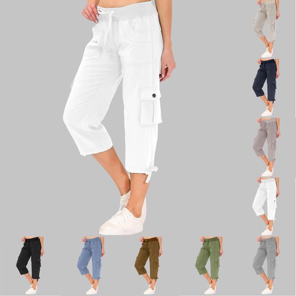 Womens Capris with Pockets Loose Fit Casual Drawstring Baggy Petite Pants Lightweight Low Rise Cargo Capris (White M)