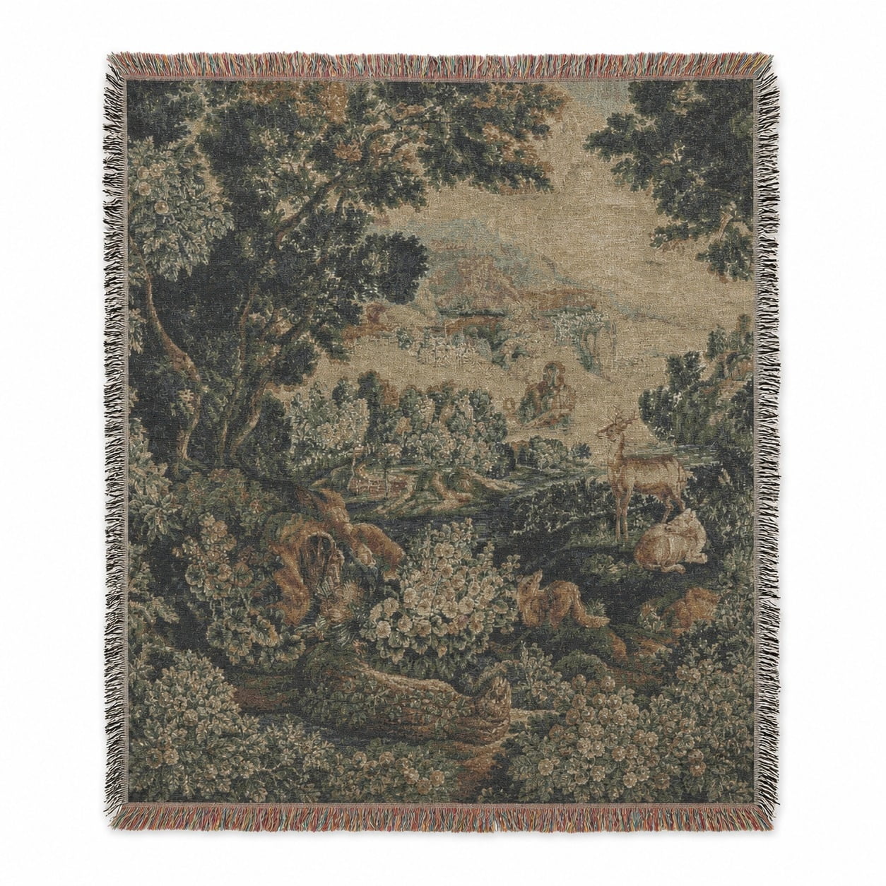 Vintage Pastoral Woodland Olive and Brown Woven Throw Blanket Cotton with Fringed Edges Scenic Nature Style Couch and Bed Home Decor
