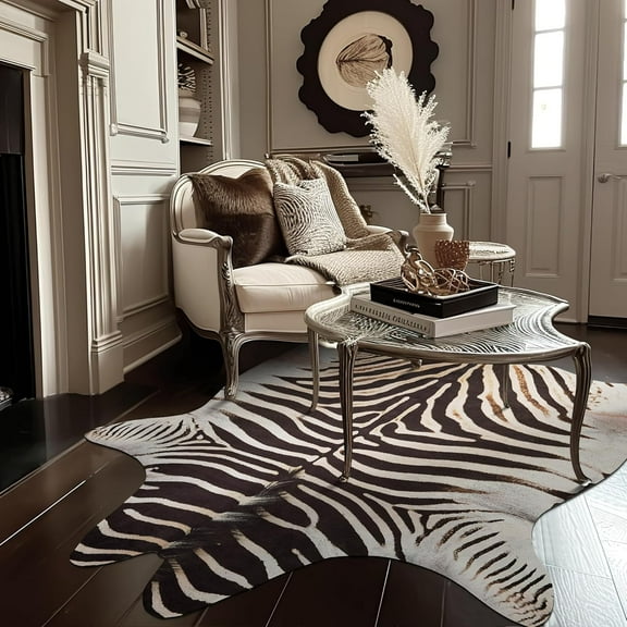 Faux Cowhide Rug Zebra Print Area Rug Animal Skin Western Design Mat Faux Suede Indoor Floor Cover for Bedroom Living Room 6x7 Safari