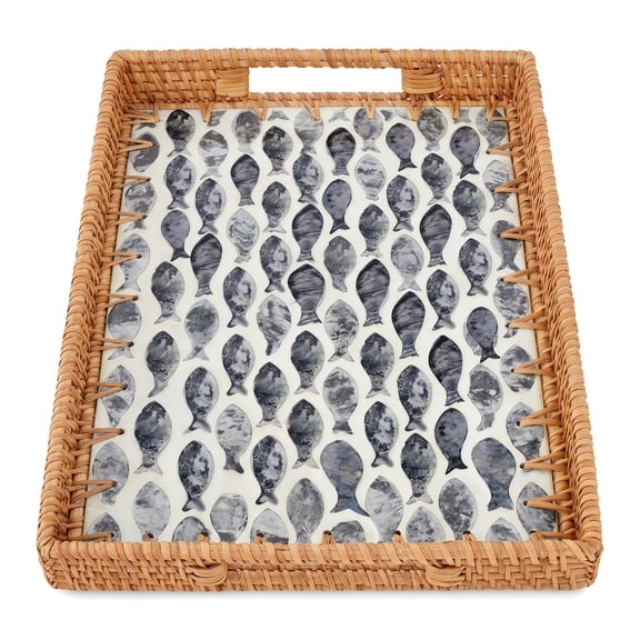 1 Pack Extra Large Rattan Ottoman Tray, Hand-Woven Wicker with Shells Decor for Coffee Table Breakfast Serving