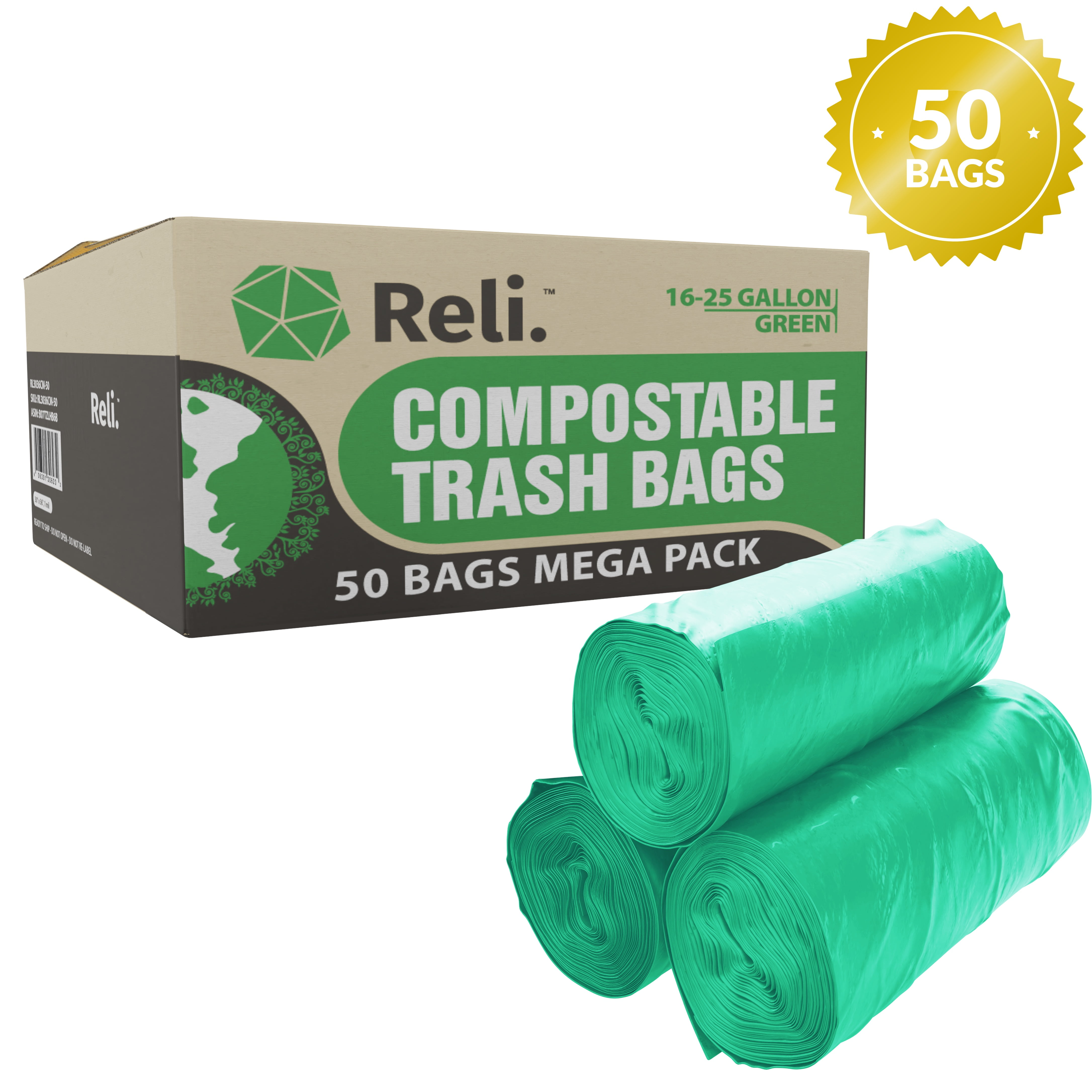 Reli. Compostable Trash Bags, 1625 Gallon (50 Bags) Biodegradable