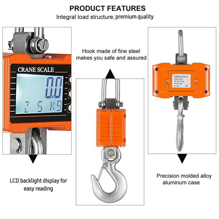 Carevas Digital Hanging Scale 1000kg/ 2204lbs Portable Heavy Duty Crane Scale LCD Backlight Industrial Hook Scales Unit Change/ Data Hold/ Tare/ for