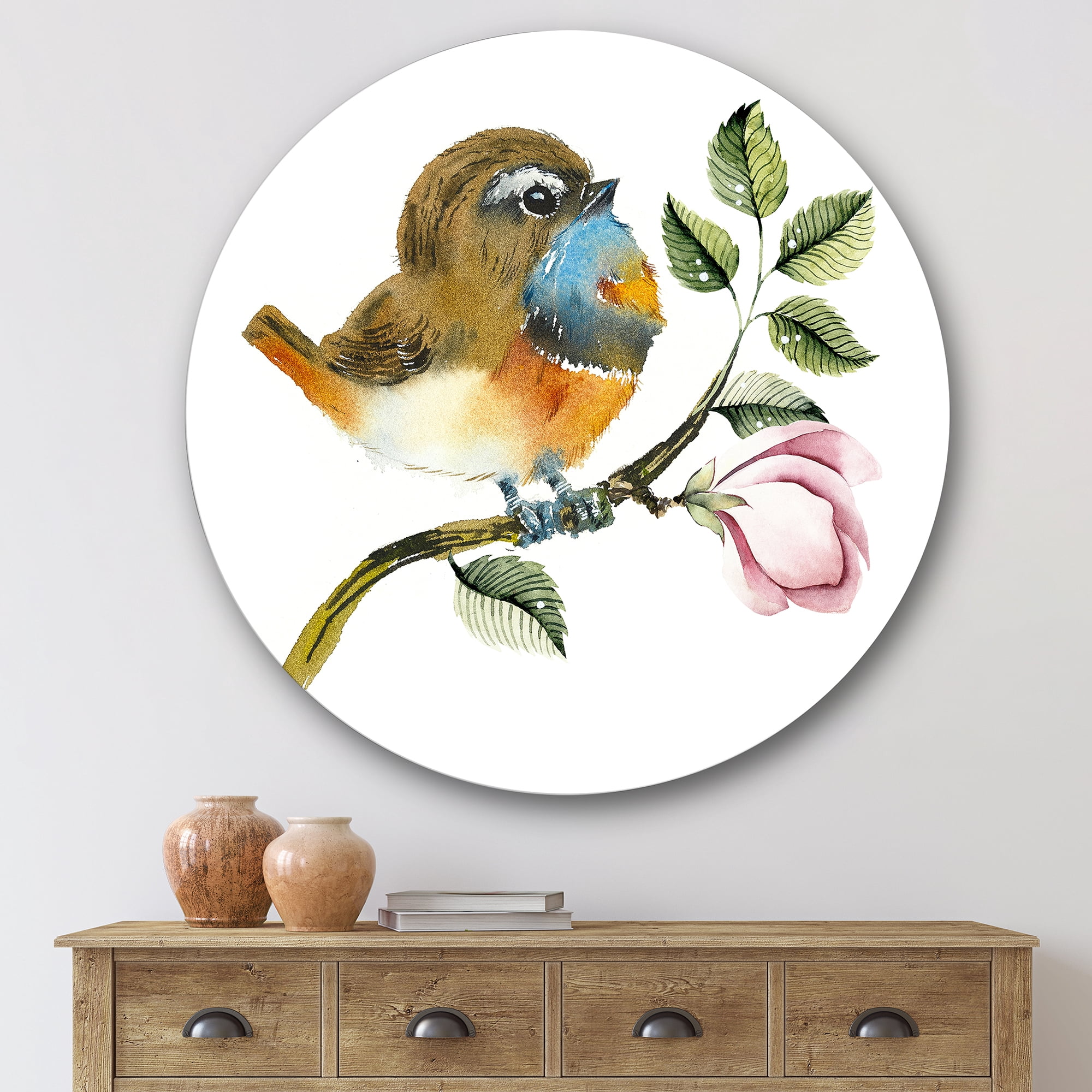 Designart 'Bluethroat Bird Sitting On A Branch' Traditional Circle Metal Wall Art 29x29 - Disc of 29