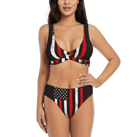 Zeuib USA Flag Cross High Waisted Tummy Control Bikini Set - Knot Front Push Up Top & Cheeky Thong Bottom  Two-Piece Swimsuit for Women-X-Large