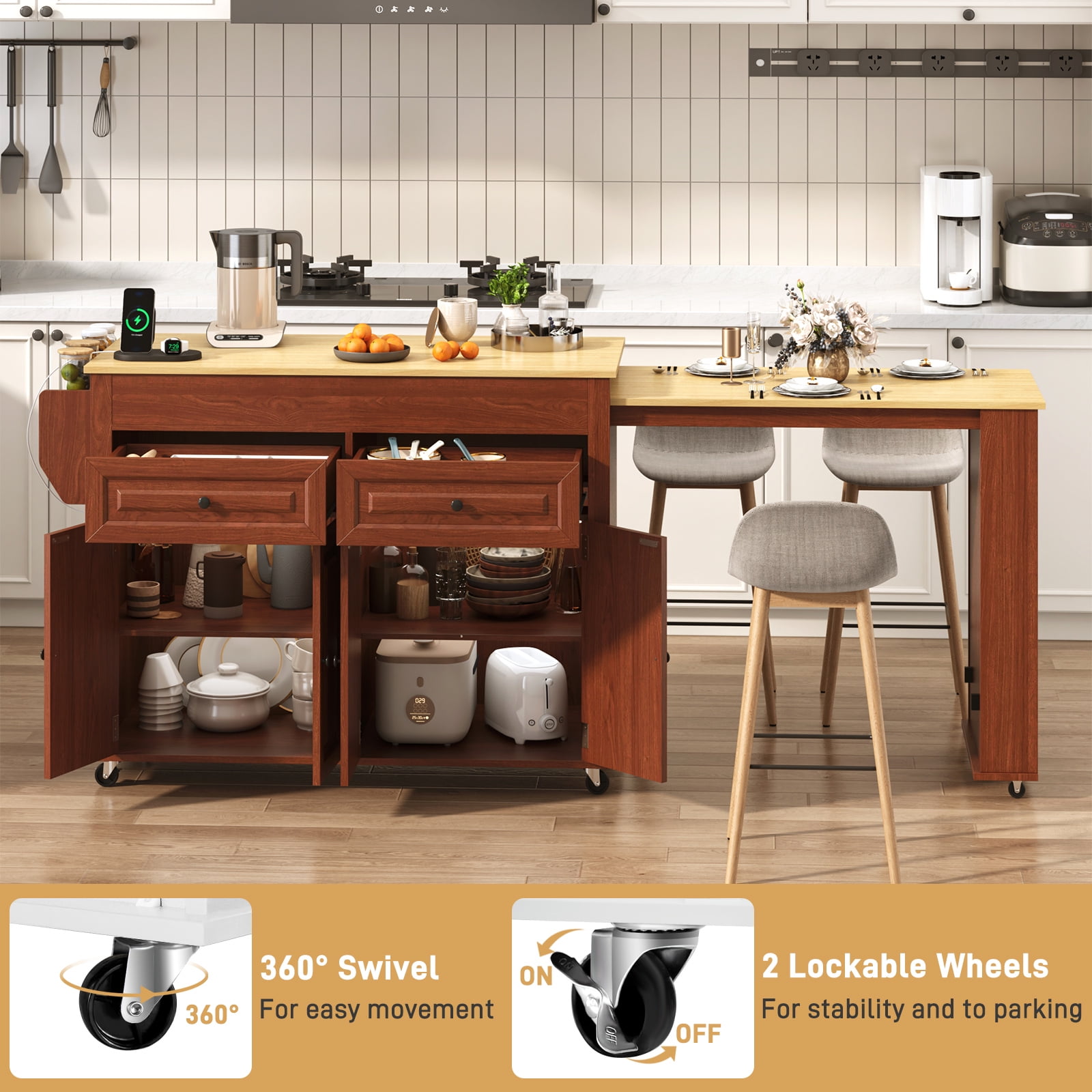 ANPOO Large Kitchen Island with Extendable Dining Table and Power Outlet, Rolling Kitchen Island Cart on Wheels with 2 Storage Cabinets & 2 Drawers & 3 Spice Racks, Island Table for Kitchen