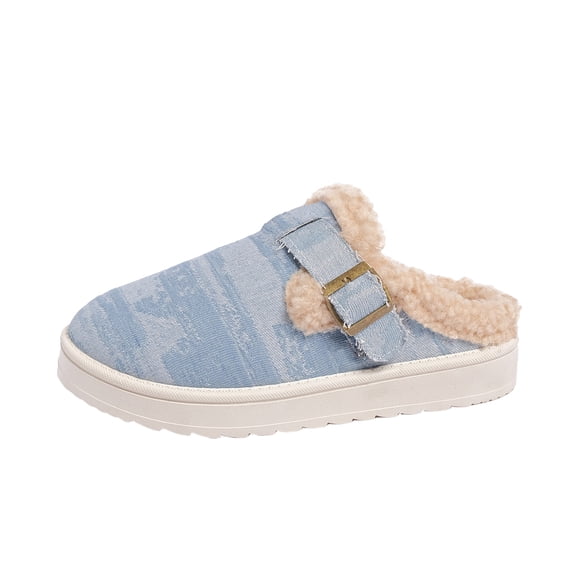 EKVAHL Women's Orthopedic Platform Mule Slippers, Denim Fleece Lined Arch Support Slip On Clogs, Adjustable Buckle Indoor Outdoor Winter House Shoes Blue