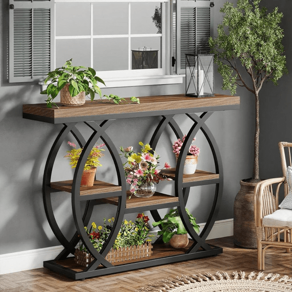 4-Tier Industrial Console Table - Rustic Narrow Accent Table with Metal Base for Entryway, Living Room & Small Spaces