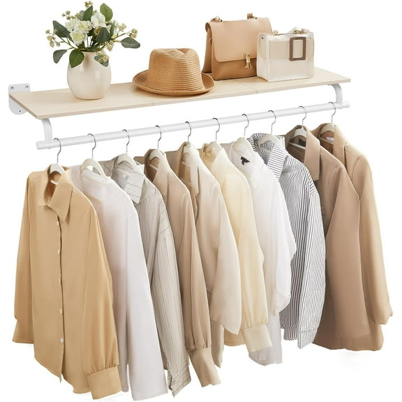 SONGMICS Clothes Rack with Top Shelf, Wall Mounted Clothing Rack, with Hanging Rod, Loads up to 77 lb, 11 x 42.9 x 5.2 Inches, Entryway, Bedroom, Closet, Natural Beige and Cloud White UHSR135W01