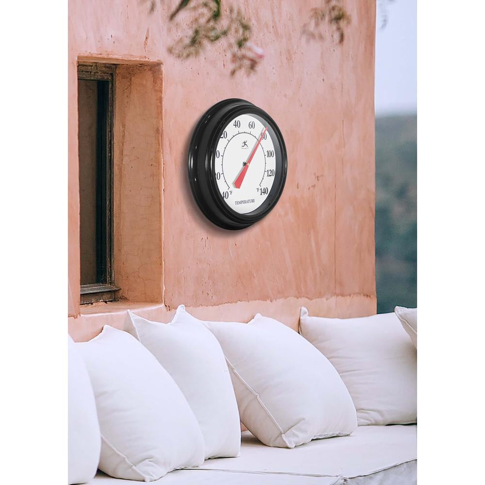 Infinity Instruments 12 inch Traditional Classic Basic No Battery Required Built-in Hygrometer Indoor/Outdoor Thermometer for Patio, Porch, Living Room Essential Durable Wall Thermometer, Black