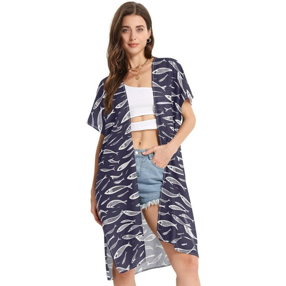 Beach Vacation Clothes Kimono Cardigan Loose Swimsuit Cover Up for Women Flock Of Swimming Fish S