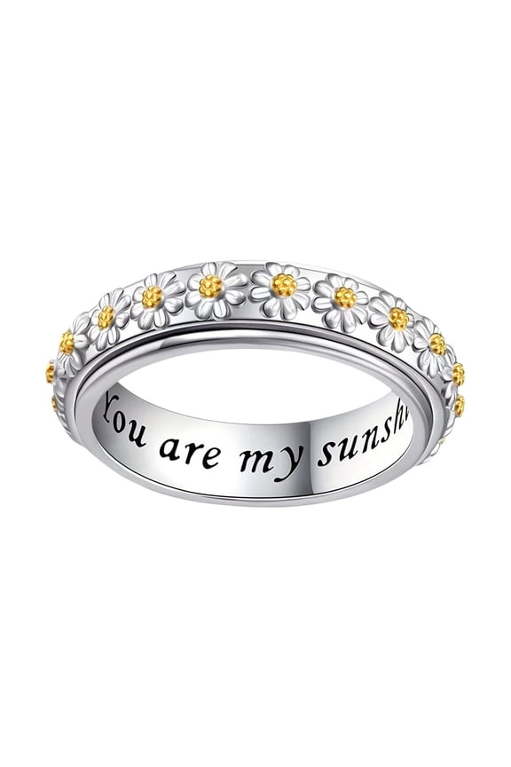 Elegant Boho Style 4g S925 Silver Ring with Daisy Flower Design, Engraved 'You Are My Sunshine' Inscription, Simple No-Mosaic Daily Wear Jewelry, Ideal for Gift-Giving and All Seasons,Silver,Size7