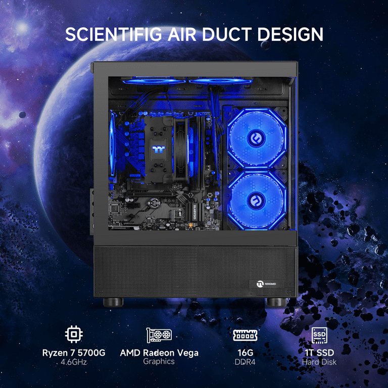 Ningmei Gaming Desktop PC AMD Ryzen 7 5700G,  Radeon Graphics, 16GB DDR4 RAM, 1TB SSD, 6 RGB Fans, Win11, WiFi