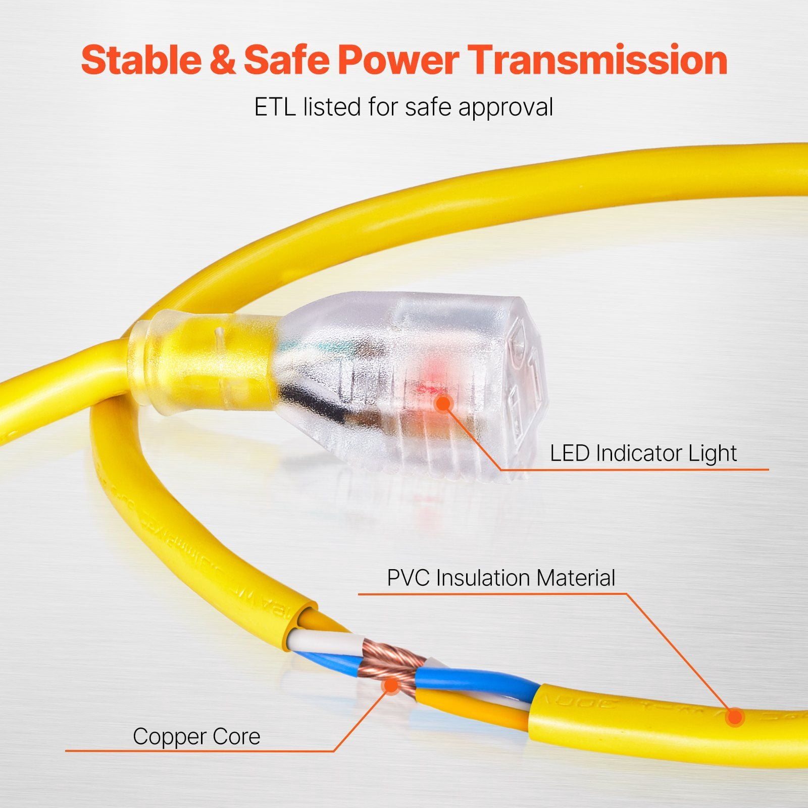 Heavy Duty 100FT Outdoor Extension Cord - 12AWG 15Amps 1875W, 3-Prong with Lighted Plug, Weather Resistant
