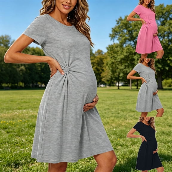 Frostluinai Summer Maternity Dress Womens Short Sleeve Bodycon Knee Length Dress with Side Ruching Twist for Beach Vacation Baby Shower M-3XL