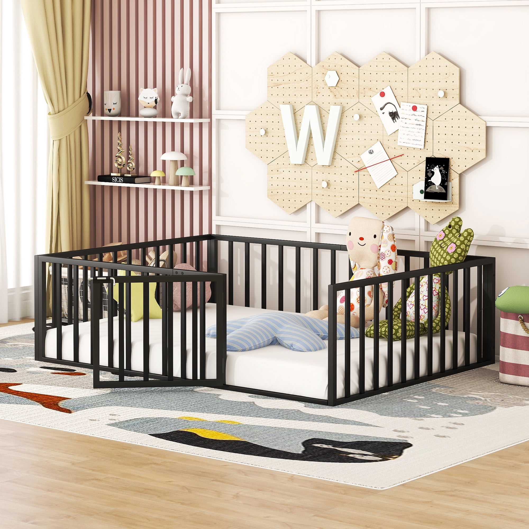 Full Size Floor Bed with Fence and Door, Low Profile Metal Montessori Bed Frame with Slats Supports,Easy Assembly, No Box Spring Needed,Black