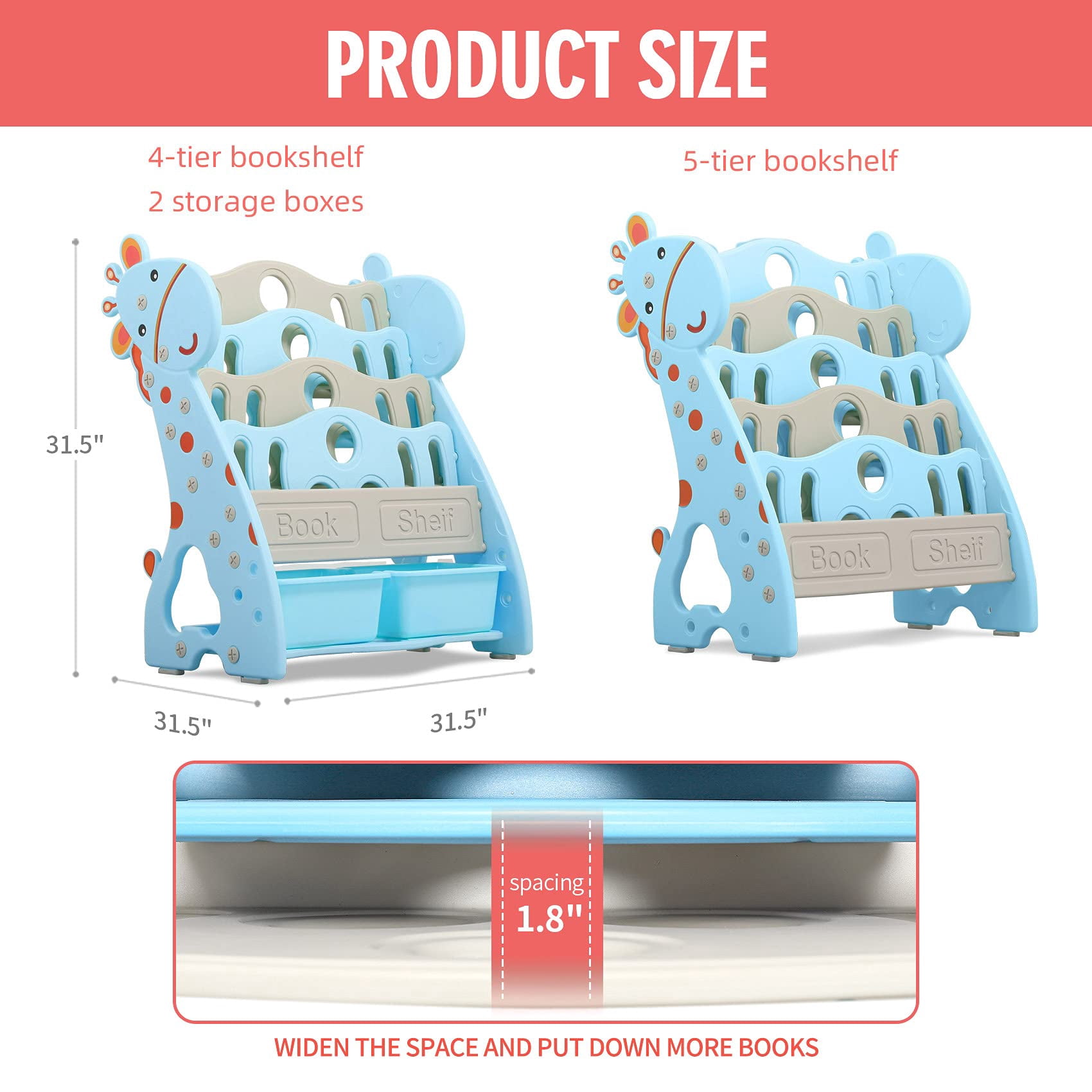 UNICOO® Toddlers Plastic Multi-Layer Bookshelf for Child's Bedroom Playroom, Toy Storage Organizers with 2 Storage Boxes, Children Bookshelf (Light Blue)