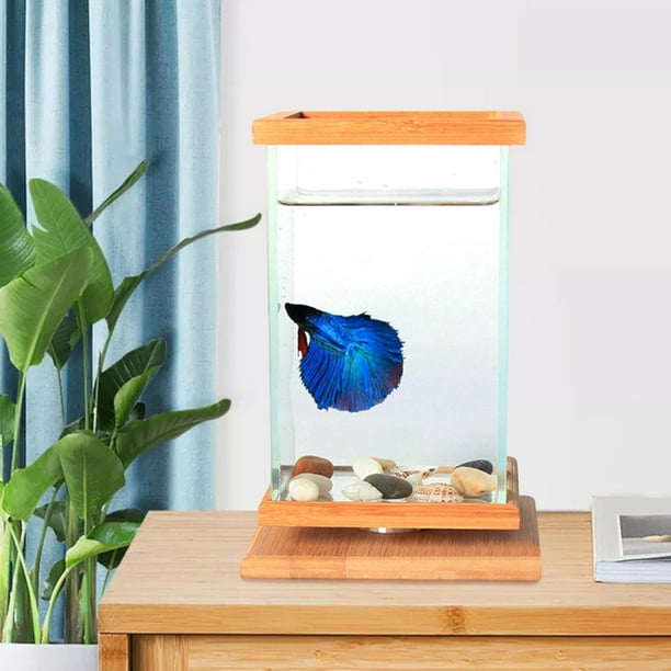 1pc Mini Fish Tank Square Transparent Bamboo Base Mini Fish Tank Small Fish  Tank 