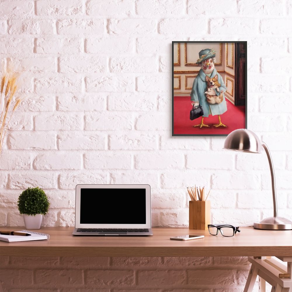 Stupell Industries Queen Chicken with Corgi Regal Animal Humor Framed Wall Art Design by Lucia Heffernan, 24" x 30", Black Framed