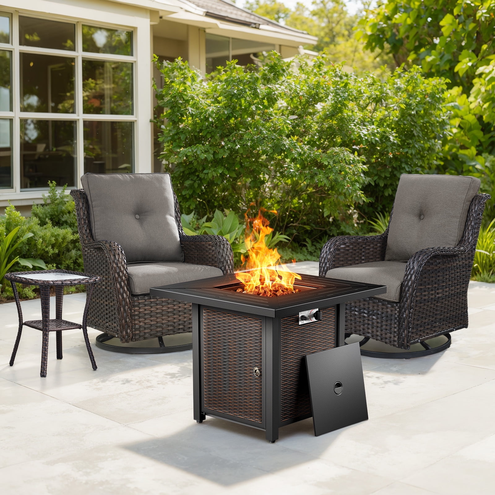 Bellefurn 4 Pieces Patio Furniture Sets with Fire Pit and Swivel Rocker Chairs,Outdoor Furniture with Fire Pit and Side Table Outdoor Conversation Set for Porch Deck Backyard Poolside