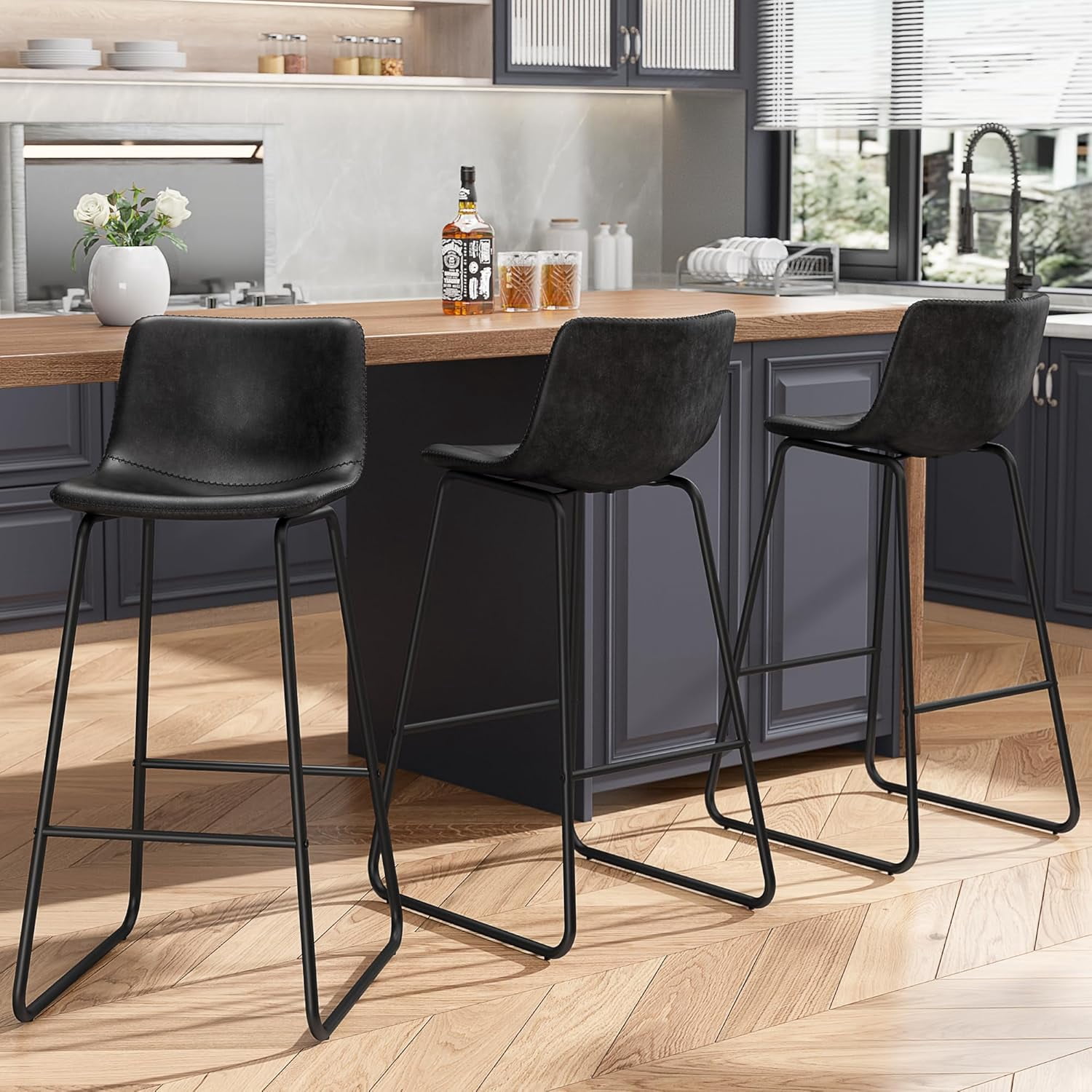 GIKPAL Bar Stools 30" Faux Leather Counter Height Barstools with Back Set of 2, Modern Counter Stools with Metal Legs and Footrest, Armless Chairs with Back for Kitchen Living Room Pub, Black