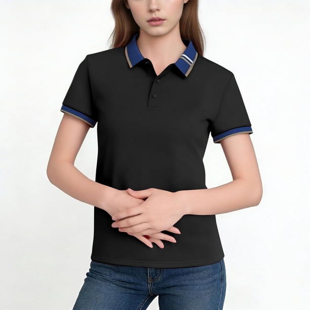 Tops Casuales de Negocios para Mujeres con Cuello de Solapa Y Mangas Cortas, Tela Transpirable Ligera para Oficina, Viajes Y Uso Diario, Top de Verano de Punto con Diseño de Tres Botones