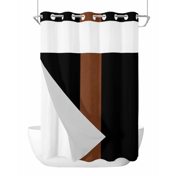No Hook Black Brown Shower Curtain with Snap in Liner Set, Contemporary Boho Modern Art Waterproof Fabric Bathroom Curtains with See Through Top Window, Hotel Style Stall 48 x 72 Inch
