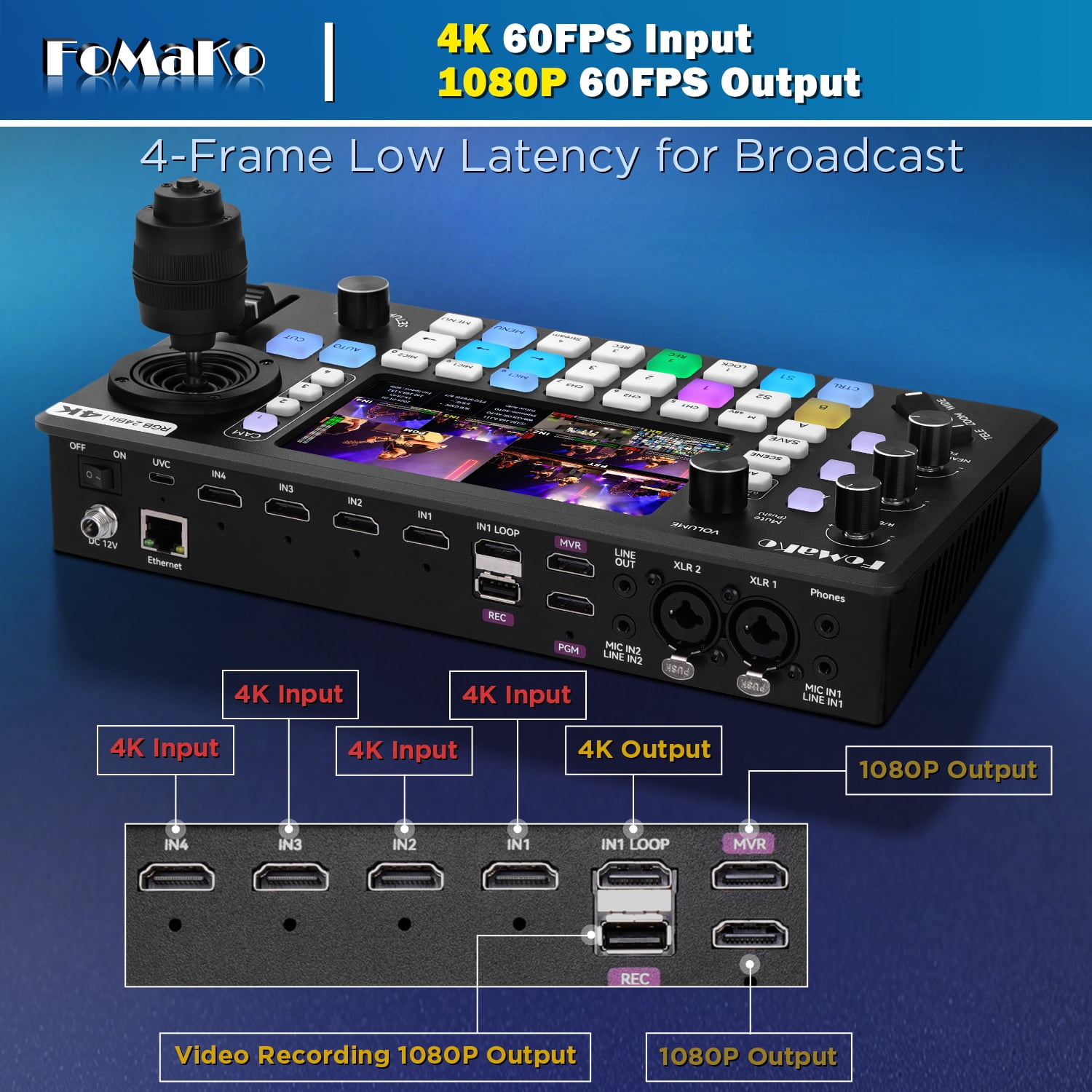 FoMaKo 4k HDMI Multi-Camera Video Mixer Switcher, Integrated Professional 4D Joystick PTZ Camera Controller, 5.5" FHD Screen, XLR Audio and USB/SD Recording,4K 60FPS Input, 1080p 60FPS Output,KC800