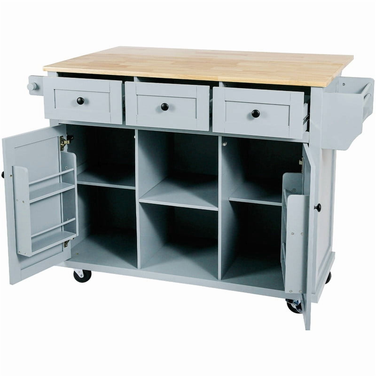 HICOMILA Kitchen Island Cart with Drop Leaf, Rolling Kitchen Island on Wheels with Storage Cabinet, Rubber Wood Countertop, 5 Drawers & Cabinet Door Storage Racks, Blue