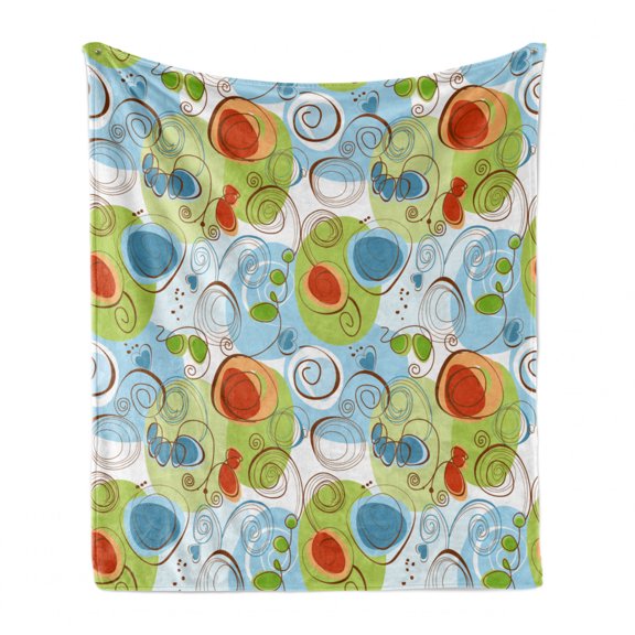 Modern Soft Flannel Fleece Throw Blanket, Floral Flowers Geometrical Abstract Funky Swirls Contemporary Image, Cozy Plush for Indoor and Outdoor Use, 60" x 80", Pale Green White, by Ambesonne