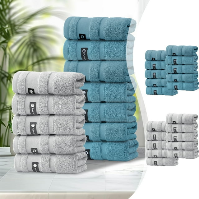 10-Pack Cotton Bath Towels, 29.1x13.77 Inches, Soft & Absorbent, Spa & Beach Towels, Blue & Gray, Double-Needle Stitched Edges, Quick-Dry, Machine Washable