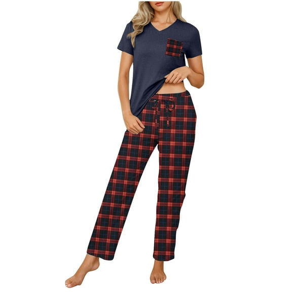 Bovxnpu Pajamas for Women Set Loungewear Set, Women 2 Piece Lounge Set Short Sleeve Tops and Plaid Long Pants With Pocket Soft Sleepwear