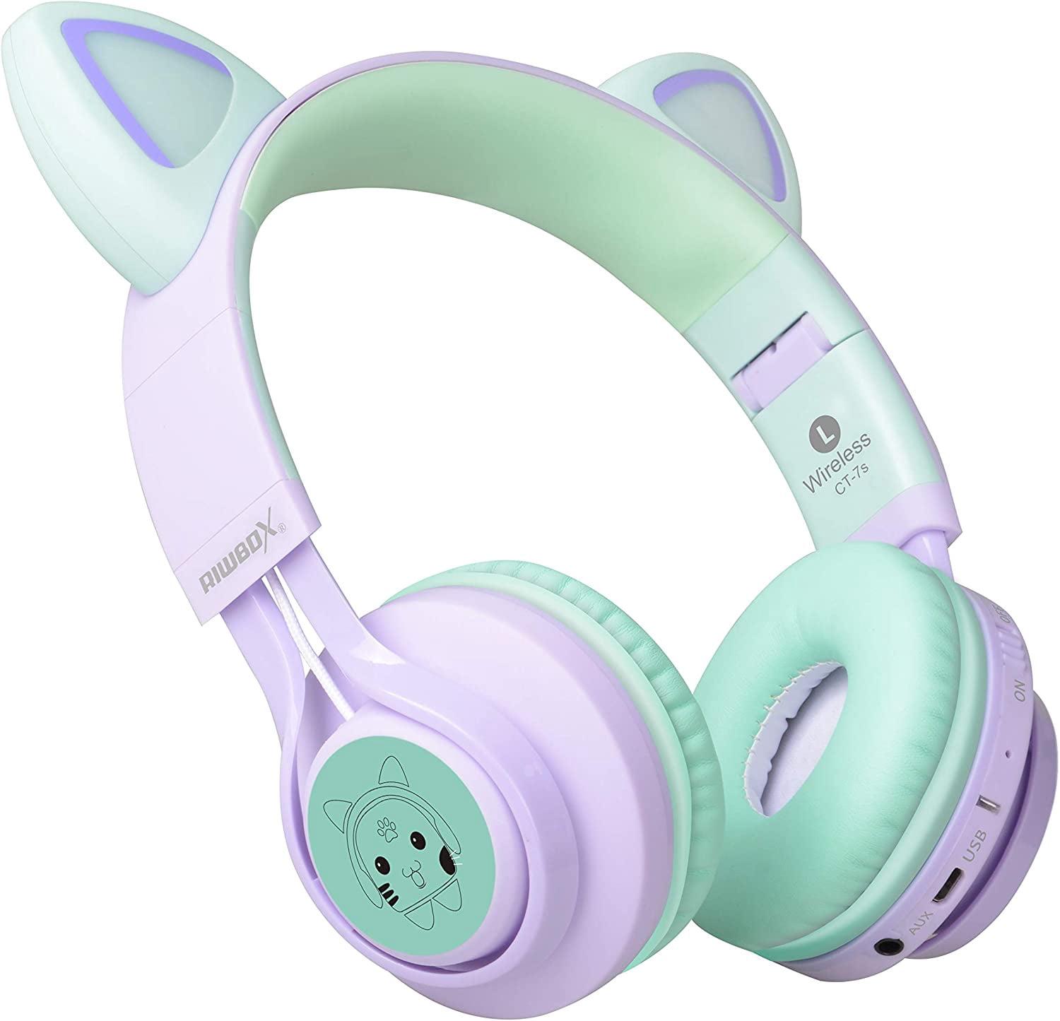 Kids Headphones, Riwbox CT-7S Cat Ear Bluetooth Headphones 85dB Volume Limiting, LED Light Up Kids Wireless Headphones Over Ear with Microphone for iPhone/iPad/Kindle/Laptop/PC/TV (Purple & Green)