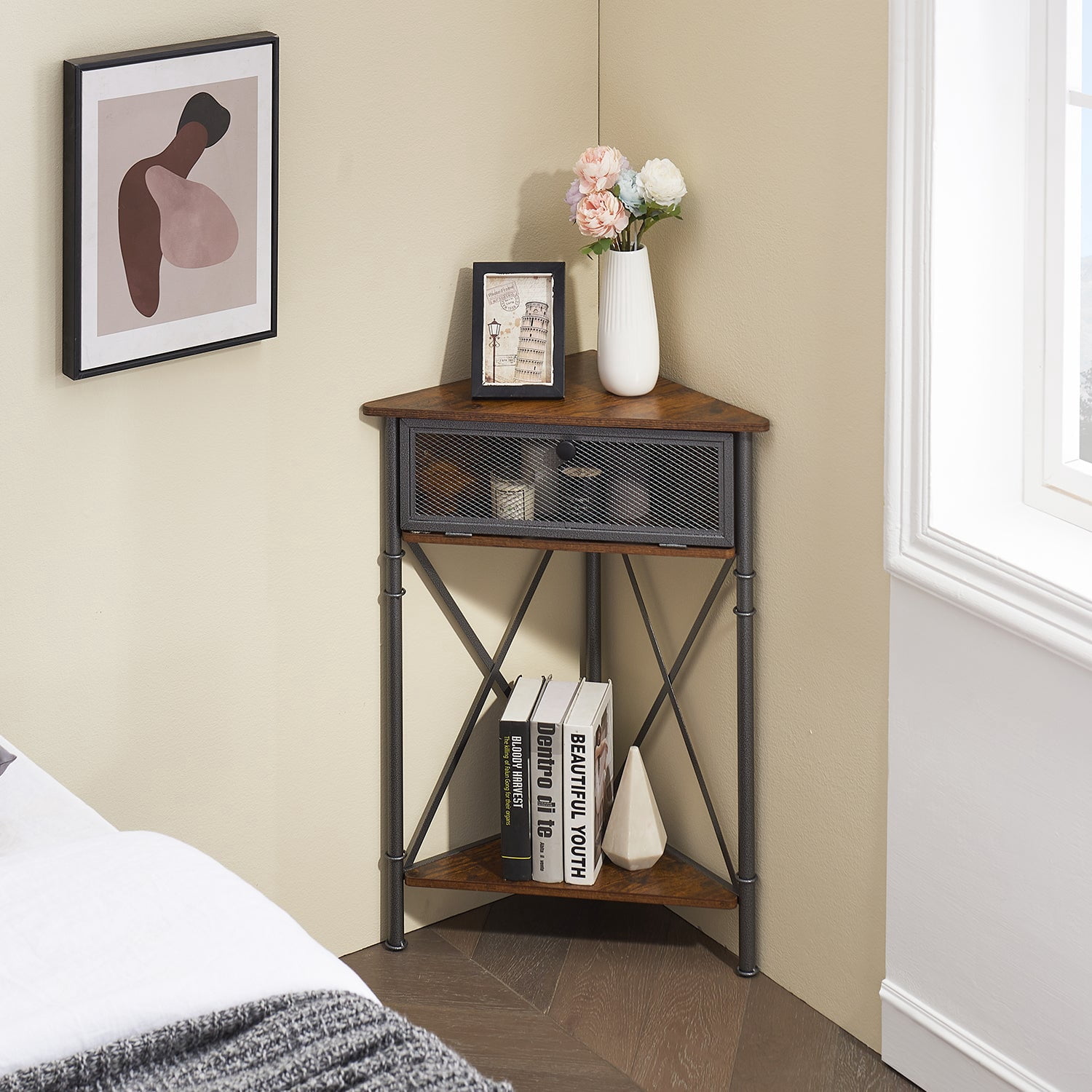 VECELO Corner Storage Cabinet with Flip Drawer and Shelf, Triangle X-Shaped Freestanding Floor Cabinet,  Brown
