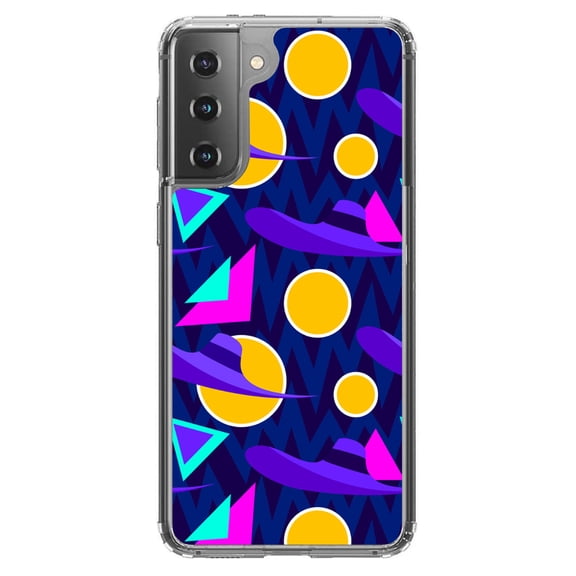 DistinctInk Clear Shockproof Hybrid Case for Galaxy S21 5G (6.2" Screen) - TPU Bumper, Acrylic Back, Tempered Glass Screen Protector - Pink Purple Yellow 90s Pattern - Relive the 90's