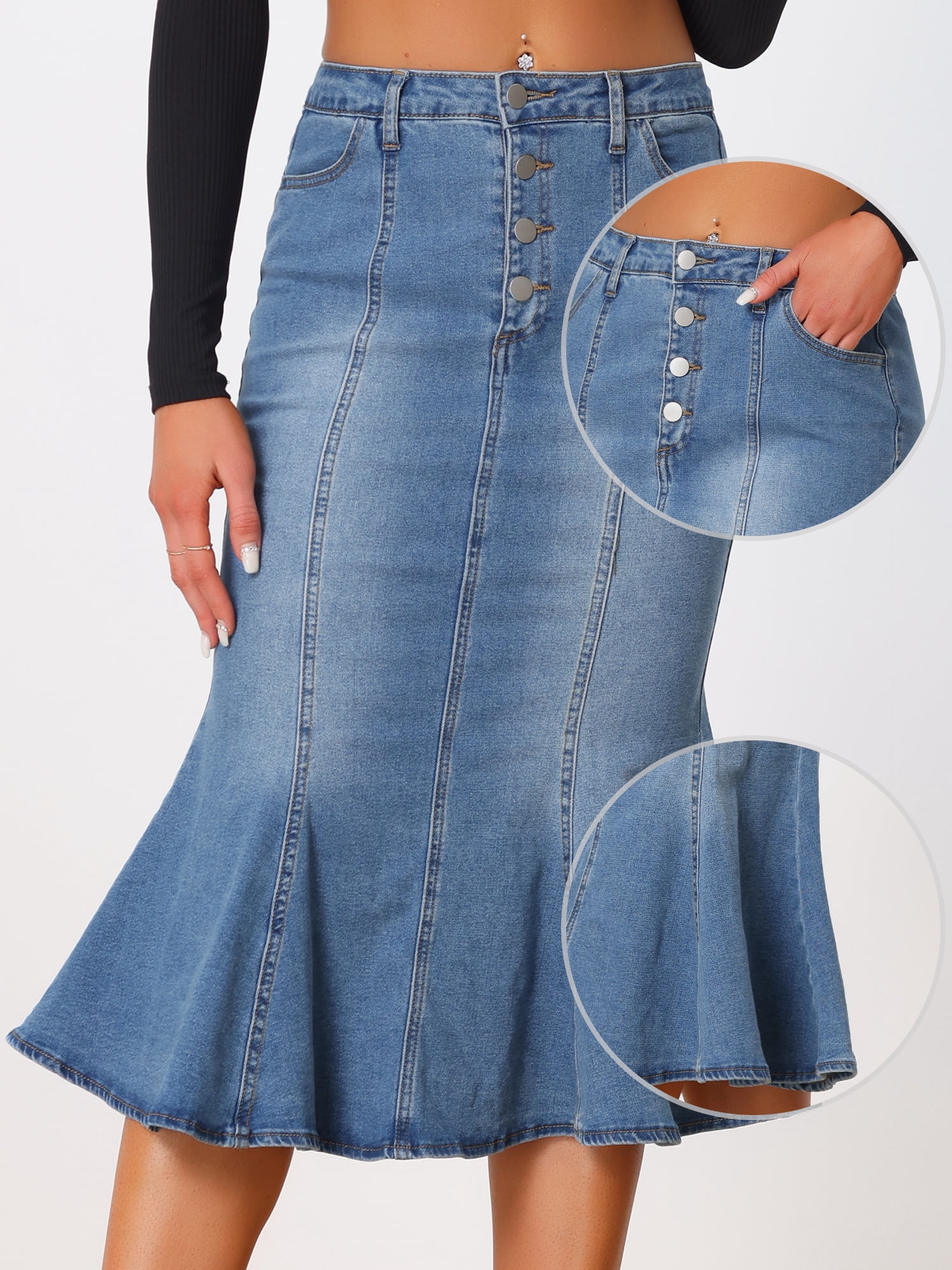 DARING DIVA Women's Soft Elegant Washed Fishtail Casual Midi Denim Skirt L Sky Blue