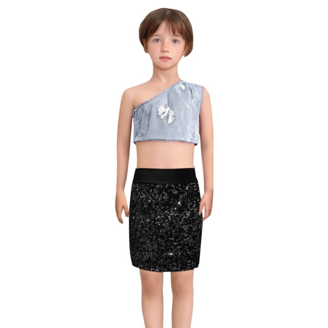 FAOWME Robe de Danse Enfant Jupe Portefeuille Extensible à Sequins Jupe Jupe Noire 2-10 Ans