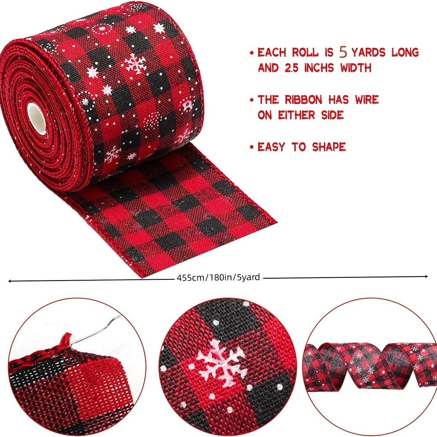 Dalrosia 6PCS Christmas Wired Edge Ribbons Burlap Fabric Ribbon Roll Black Red White Buffalo Plaid Ribbon Wide Craft Ribbon Xmas Tree Crafts Decoration DIY Gift Wrap,2 Inch X 5 Yards Each Roll