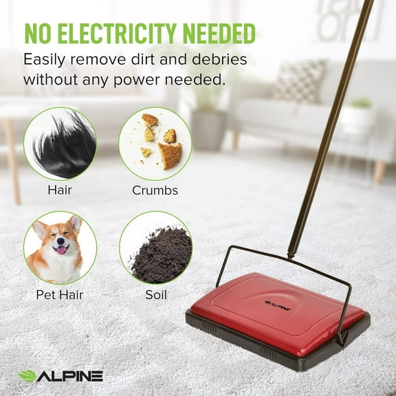 Manual Carpet Sweeper Triple Brush - Non Electric Multi-Surface Floor Cleaner for Carpeted Floors