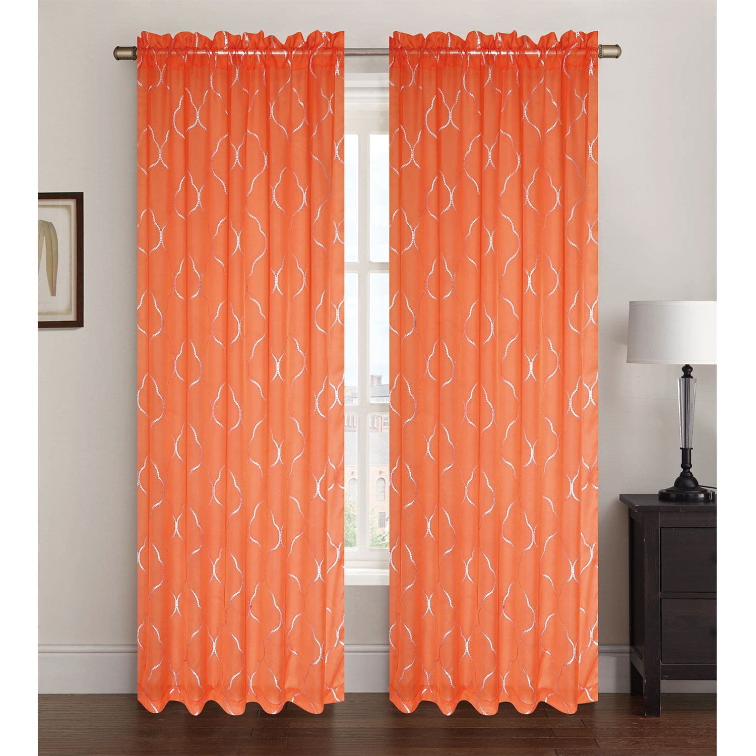 Sheer Voile Window Curtain Panel With Rod Pocket, Printed Silver