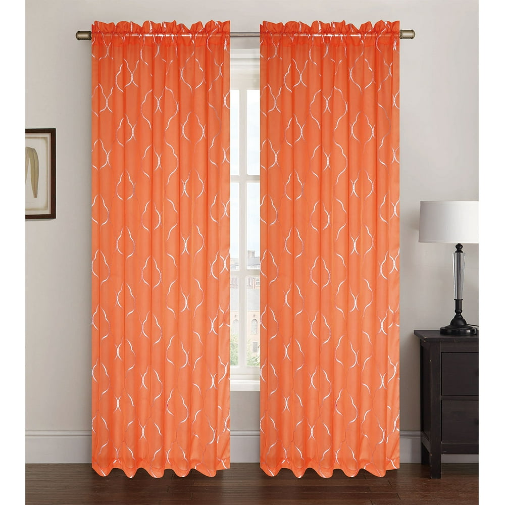 Sheer Voile Window Curtain Panel With Rod Pocket, Printed Silver